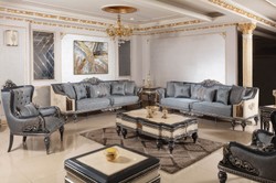 Casa Padrino conjunto de sala de estar barroco de lujo azul claro / beige / negro / oro - 2 Sofás y 2 Sillones y 1 Mesa de Centro y 2 Mesas Auxiliares - Muebles de salón hechos a mano estilo barroco