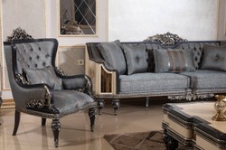 Casa Padrino conjunto de sala de estar barroco de lujo azul claro / beige / negro / oro - 2 Sofás y 2 Sillones y 1 Mesa de Centro y 2 Mesas Auxiliares - Muebles de salón hechos a mano estilo barroco