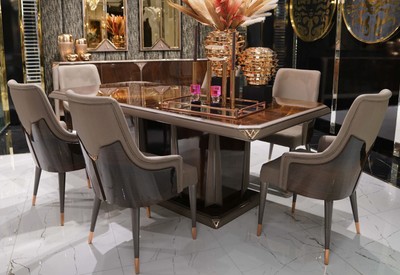 Casa Padrino set da pranzo di lusso marrone scuro / grigio / rame - 1 Tavolo da Pranzo di Lusso e 6 Sedie da Pranzo di Lusso - Mobili per sala da pranzo - Mobili di lusso - Arredamento di lusso