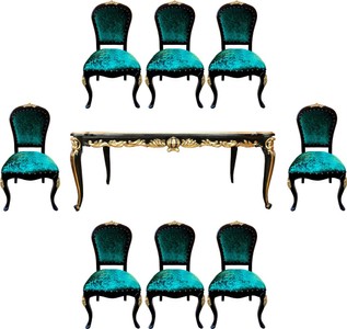 Pompöös by Casa Padrino Conjunto de Comedor Barroco de Lujo Verde / Negro / Oro - Pompöös Mesa de Comedor Barroco con Tapa de Vidrio y 8 Sillas diseñadas por Harald Glööckler - Muebles barroco Pompöös by Casa Padrino Conjunto de Comedor Barroco de Lujo Verde / Negro / Oro - Pompöös Mesa de Comedor Barroco con Tapa de Vidrio y 8 Sillas diseñadas por Harald Glööckler - Muebles barroco