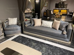 Casa Padrino poltrona Art Deco di lusso azzurro / argento / crema - Poltrona da soggiorno a specchio - Mobili del soggiorno - Mobili Art Deco - Mobili di lusso - Arredi Art Deco - Arredi di lusso