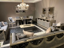 Casa Padrino poltrona Art Deco di lusso azzurro / argento / crema - Poltrona da soggiorno a specchio - Mobili del soggiorno - Mobili Art Deco - Mobili di lusso - Arredi Art Deco - Arredi di lusso