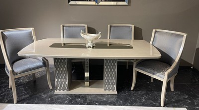 Casa Padrino set da pranzo Art Deco di lusso azzurro / crema / oro - 1 Tavolo da Pranzo Art Deco e 6 Sedie da Pranzo Art Deco - Mobili per sala da pranzo - Mobili Art Deco - Mobili di lusso