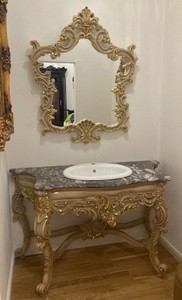 Casa Padrino ensemble de salle de bain baroque gris / or - 1 Table de Lavage & 1 Lavabo en Céramique & 1 Miroir Mural - Meuble de salle de bain style baroque - Meuble baroque