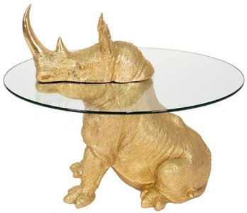 Casa Padrino tavolino di lusso rinoceronte oro Ø 65 x A. 55 cm - Tavolo rotondo in resina con piano in vetro - Mobili da soggiorno - Mobili di lusso - Arredi di lusso - Arredi da soggiorno