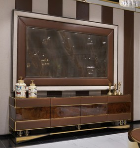 Casa Padrino set di armadio TV di lusso marrone / naturale / grigio / oro - Credenza soggiorno con 4 ante e parete posteriore TV - Mobili da soggiorno - Mobili di lusso - Arredi di lusso