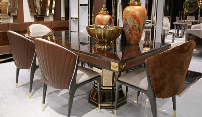 Casa Padrino set da pranzo di lusso naturale / marrone / grigio / oro - 1 Tavolo da Pranzo di Lusso e 6 Sedie da Pranzo di Lusso - Mobili per sala da pranzo - Mobili di lusso - Arredi di lusso