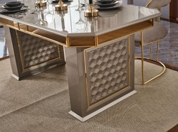 Casa Padrino conjunto de comedor Art Deco de lujo gris / oro - 1 Mesa de Comedor Extensible y 6 Sillas de Comedor con Reposabrazos - Muebles de comedor - Muebles Art Deco - Muebles de lujo