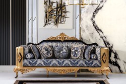 Casa Padrino sofá barroco de lujo azul / negro / oro - Magnífico sofá de salón - Muebles de salón de estilo barroco - Muebles de lujo de estilo barroco - Muebles de salón barrocos