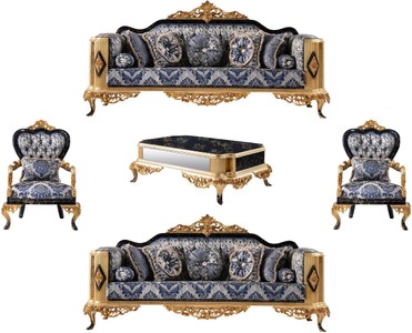 Casa Padrino luxury baroque living room set blue / black / gold - 2 Baroque Sofas & 2 Baroque Armchairs & 1 Baroque Coffee Table - Luxury furniture in baroque style - Baroque furniture