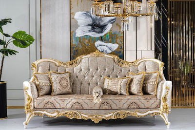 Casa Padrino Luxus Barock Sofa Silber / Beige / Schwarz / Weiß / Gold - Prunkvolles Wohnzimmer Sofa mit Glitzersteinen - Barockstil Wohnzimmer Möbel - Luxus Möbel im Barockstil - Barock Einrichtung