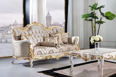 Casa Padrino Luxus Barock Sofa Silber / Beige / Schwarz / Weiß / Gold - Prunkvolles Wohnzimmer Sofa mit Glitzersteinen - Barockstil Wohnzimmer Möbel - Luxus Möbel im Barockstil - Barock Einrichtung