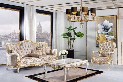 Casa Padrino Luxus Barock Sofa Silber / Beige / Schwarz / Weiß / Gold - Prunkvolles Wohnzimmer Sofa mit Glitzersteinen - Barockstil Wohnzimmer Möbel - Luxus Möbel im Barockstil - Barock Einrichtung