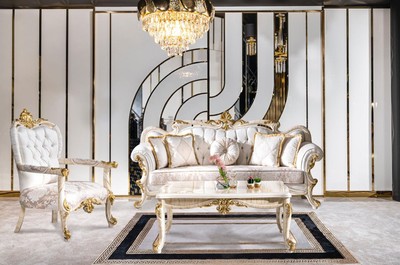 Casa Padrino Luxus Barock Sofa Weiß / Braun / Weiß / Beige / Gold - Prunkvolles Wohnzimmer Sofa mit Glitzersteinen - Barockstil Wohnzimmer Möbel - Luxus Möbel im Barockstil - Barock Einrichtung
