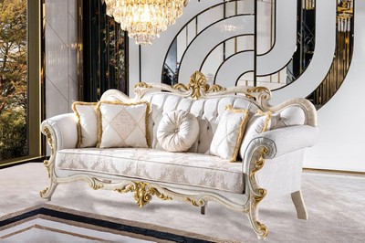 Casa Padrino Luxus Barock Sofa Weiß / Braun / Weiß / Beige / Gold - Prunkvolles Wohnzimmer Sofa mit Glitzersteinen - Barockstil Wohnzimmer Möbel - Luxus Möbel im Barockstil - Barock Einrichtung