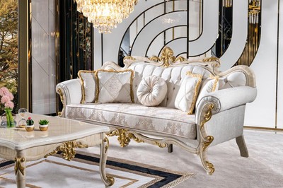 Casa Padrino Luxus Barock Sofa Weiß / Braun / Weiß / Beige / Gold - Prunkvolles Wohnzimmer Sofa mit Glitzersteinen - Barockstil Wohnzimmer Möbel - Luxus Möbel im Barockstil - Barock Einrichtung