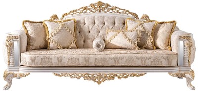 Casa Padrino canapé baroque de luxe beige / blanc / or - Magnifique canapé de salon avec strass - Meuble de salon de style baroque - Meuble de luxe de style baroque - Noble & Magnifique