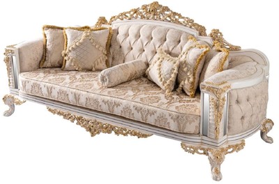 Casa Padrino Luxus Barock Sofa Beige / Weiß / Gold - Prunkvolles Wohnzimmer Sofa mit Glitzersteinen - Barockstil Wohnzimmer Möbel - Luxus Möbel im Barockstil - Barock Einrichtung - Edel & Prunkvoll