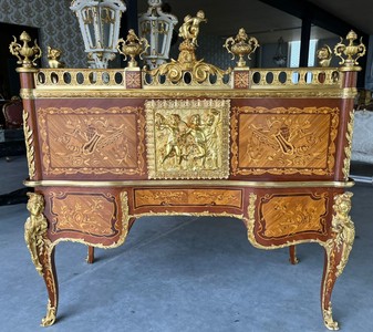 Casa Padrino Luxus Barock Sekretär Braun Intarsien / Gold - Prunkvoller Schreibtisch im Barockstil - Barock Büro Möbel - Möbel im Barockstil - Barock Büro Einrichtung - Edel & Prunkvoll