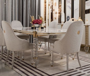 Casa Padrino Luxus Art Deco Esszimmer Set Weiß / Grau / Gold - 1 Art Deco Esstisch mit Kunstmarmor Tischplatte & 6 Art Deco Esszimmerstühle - Art Deco Esszimmer Möbel - Luxus Qualität
