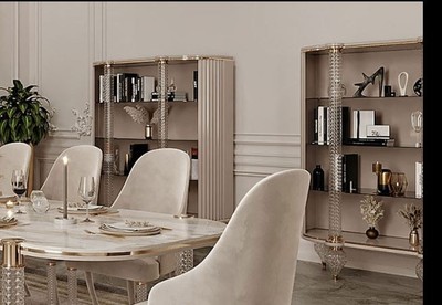 Casa Padrino Luxus Art Deco Esszimmer Set Weiß / Grau / Gold - 1 Art Deco Esstisch mit Kunstmarmor Tischplatte & 6 Art Deco Esszimmerstühle - Art Deco Esszimmer Möbel - Luxus Qualität