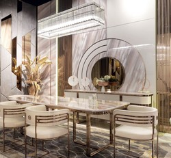 Casa Padrino set da sala da pranzo di lusso crema / bianco / rame - 1 Tavolo da Pranzo di Lusso e 8 Sedie da Pranzo di Lusso - Mobili per sala da pranzo - Mobili di lusso - Arredamento di lusso