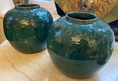 Casa Padrino antique style porcelain vase set antique green Ø 20 x H. 18 cm - Round flower vases - Porcelain decoration - Luxury decoration - Living room decoration - Decorative accessories