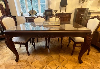 Casa Padrino table à manger baroque de luxe avec plateau en verre marron foncé - Table de salle à manger bois massif fait main - Meuble de salle à manger de luxe de style baroque - Meuble baroque