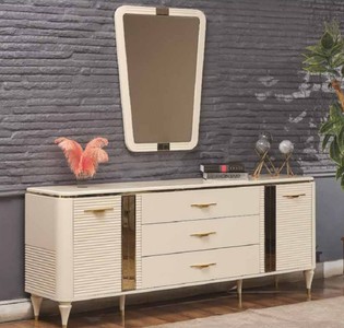 Casa Padrino Luxus Art Deco Sideboard Creme / Gold 200 x 42 x H. 72 cm - Edler Massivholz Schrank mit 2 Türen und 3 Schubladen - Art Deco Möbel - Luxus Möbel