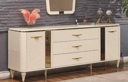 Casa Padrino buffet Art Déco de luxe crème / or 200 x 42 x H. 72 cm - Armoire en bois massif noble avec 2 portes et 3 tiroirs - Meuble Art Déco - Mobilier de Luxe