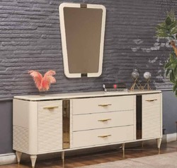 Casa Padrino buffet Art Déco de luxe crème / or 200 x 42 x H. 72 cm - Armoire en bois massif noble avec 2 portes et 3 tiroirs - Meuble Art Déco - Mobilier de Luxe