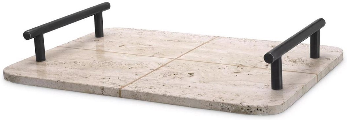 Casa Padrino luxury serving tray beige / bronze 48 x 34 x H. 8 cm - Rectangular travertine natural stone tray with handles - Gastronomy & Restaurant Accessories - Luxury Accessories