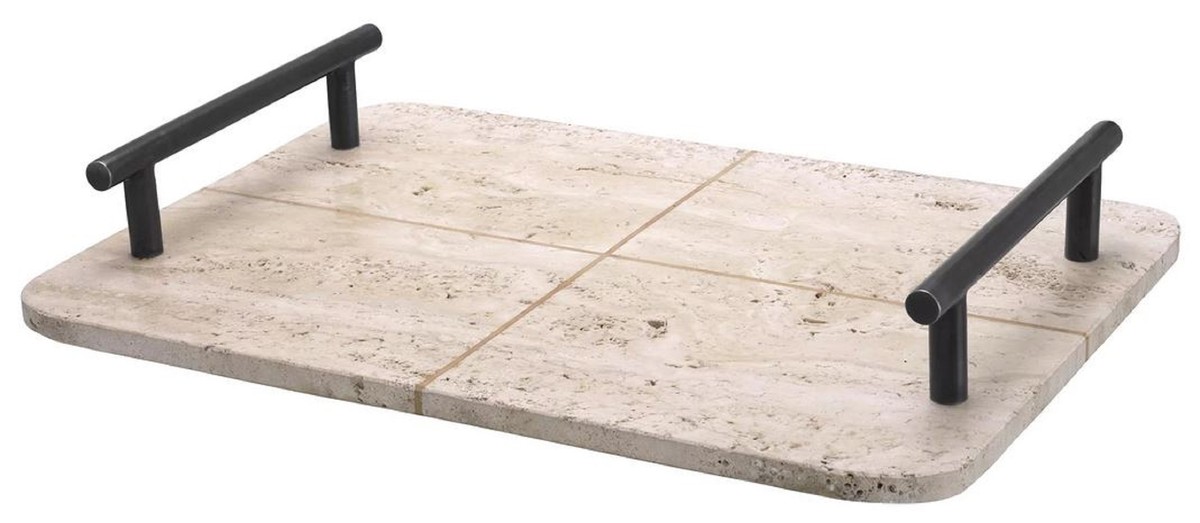 Casa Padrino luxury serving tray beige / bronze 48 x 34 x H. 8 cm - Rectangular travertine natural stone tray with handles - Gastronomy & Restaurant Accessories - Luxury Accessories