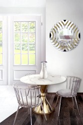 Runder Luxus Edelstahl Esstisch mit Kunstmarmor Tischplatte Weiß Gold Round Luxury Stainless Steel Dining Table with Faux Marble Tabletop White Gold