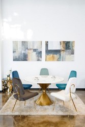 Runder Luxus Edelstahl Esstisch mit Kunstmarmor Tischplatte Weiß Gold Round Luxury Stainless Steel Dining Table with Faux Marble Tabletop White Gold