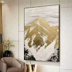 Casa Padrino Peinture à l'Huile Design de Luxe Montagnes Or / Blanc / Gris / Noir 120 x H. 170 cm - Peinture Peinte à la Main avec Cadre en Métal - Déco Murale de Luxe - Accessoires Déco
