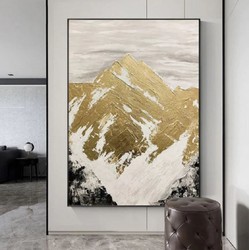 Casa Padrino Peinture à l'Huile Design de Luxe Montagnes Or / Blanc / Gris / Noir 120 x H. 170 cm - Peinture Peinte à la Main avec Cadre en Métal - Déco Murale de Luxe - Accessoires Déco