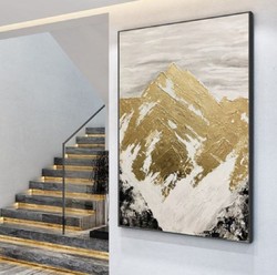Casa Padrino Peinture à l'Huile Design de Luxe Montagnes Or / Blanc / Gris / Noir 120 x H. 170 cm - Peinture Peinte à la Main avec Cadre en Métal - Déco Murale de Luxe - Accessoires Déco