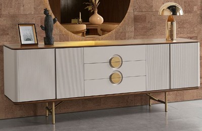 Casa Padrino buffet de luxe gris clair / marron / laiton 220 x 50 x H. 80 cm - Armoire en bois massif avec 4 portes et 3 tiroirs - Meuble en bois massif - Meuble de luxe - Ameublement de luxe