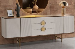Casa Padrino buffet de luxe gris clair / marron / laiton 220 x 50 x H. 80 cm - Armoire en bois massif avec 4 portes et 3 tiroirs - Meuble en bois massif - Meuble de luxe - Ameublement de luxe