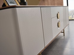 Casa Padrino buffet de luxe gris clair / marron / laiton 220 x 50 x H. 80 cm - Armoire en bois massif avec 4 portes et 3 tiroirs - Meuble en bois massif - Meuble de luxe - Ameublement de luxe