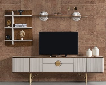 Casa Padrino ensemble de armoire TV de salon de luxe gris clair / marron / laiton - 1 armoire TV & 1 étagère murale - Meuble de salon - Meuble bois massif - Meuble de luxe - Intérieur de luxe
