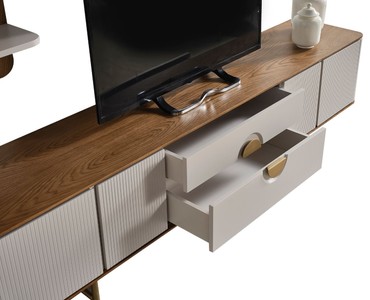 Casa Padrino Luxus Wohnzimmer TV Schrank Set Hellgrau / Braun / Messing - 1 TV Schrank & 1 Wandregal - Wohnzimmer Möbel - Massivholz Möbel - Luxus Möbel - Luxus Einrichtung