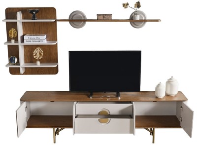 Casa Padrino Luxus Wohnzimmer TV Schrank Set Hellgrau / Braun / Messing - 1 TV Schrank & 1 Wandregal - Wohnzimmer Möbel - Massivholz Möbel - Luxus Möbel - Luxus Einrichtung