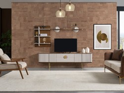 Casa Padrino ensemble de armoire TV de salon de luxe gris clair / marron / laiton - 1 armoire TV & 1 étagère murale - Meuble de salon - Meuble bois massif - Meuble de luxe - Intérieur de luxe