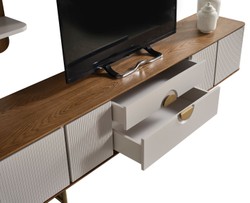 Casa Padrino ensemble de armoire TV de salon de luxe gris clair / marron / laiton - 1 armoire TV & 1 étagère murale - Meuble de salon - Meuble bois massif - Meuble de luxe - Intérieur de luxe