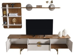 Casa Padrino ensemble de armoire TV de salon de luxe gris clair / marron / laiton - 1 armoire TV & 1 étagère murale - Meuble de salon - Meuble bois massif - Meuble de luxe - Intérieur de luxe