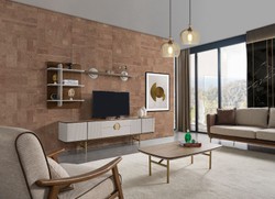Casa Padrino ensemble de armoire TV de salon de luxe gris clair / marron / laiton - 1 armoire TV & 1 étagère murale - Meuble de salon - Meuble bois massif - Meuble de luxe - Intérieur de luxe