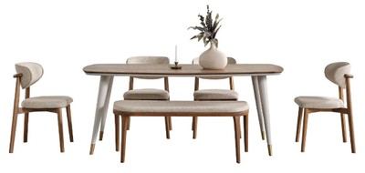Casa Padrino set da pranzo di lusso grigio / marrone - 1 Tavolo da Pranzo di Lusso e 4 Sedie da Pranzo di Lusso e 1 Panca di Lusso - Mobili per sala da pranzo - Mobili di lusso - Arredi di lusso