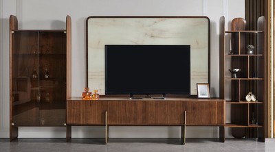 Casa Padrino ensemble de armoire TV de salon de luxe marron / crème / laiton - 1 armoire TV & 1 pared trasera TV & 1 vitrine & 1 armoire étagère - Meuble de salon - Meuble de luxe